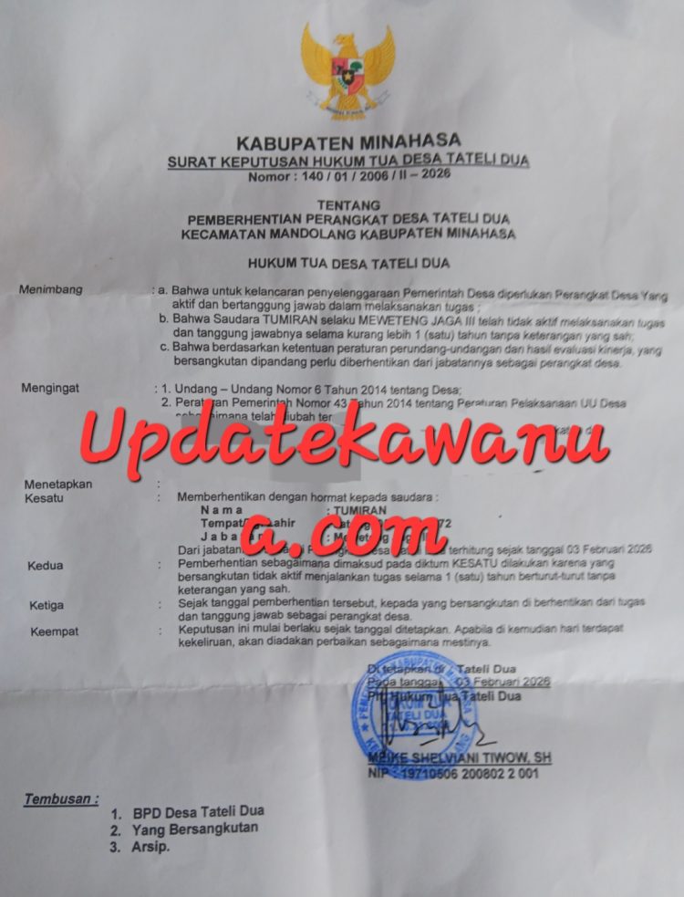 Polemik Pemberhentian Sekdes Tateli Dua, Prosedur Dipertanyakan, Aturan Desa Disorot